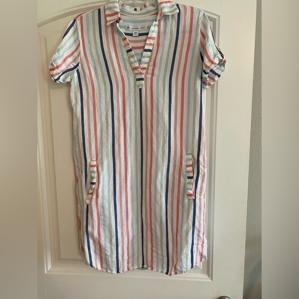 Southern Tide Classic White Pastel Kamryn Linen Blend Striped Dress SZ XS
